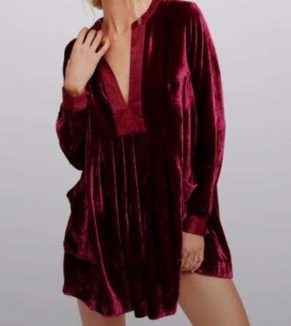Free People Women's Choose Me Velvet Mini Dress Burgundy Babydoll Boho Size M